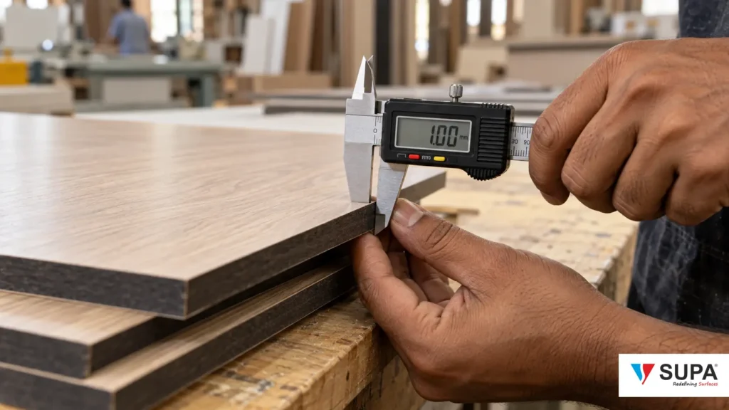 Digital caliper reading 1.00 mm on the edge of a laminate sheet