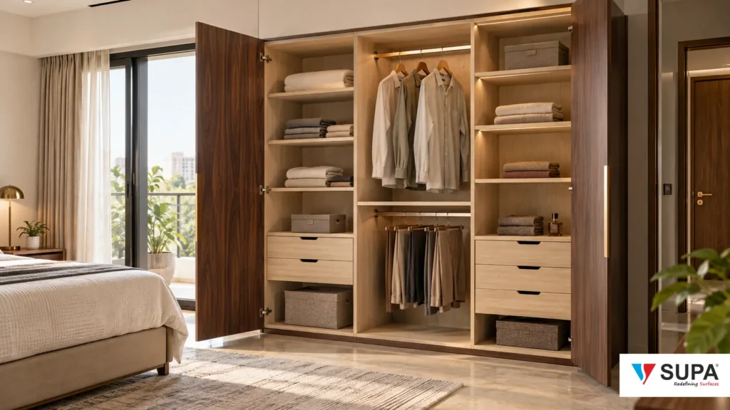 Open wardrobe with laminate shutters outside and light laminate shelves and drawers inside
