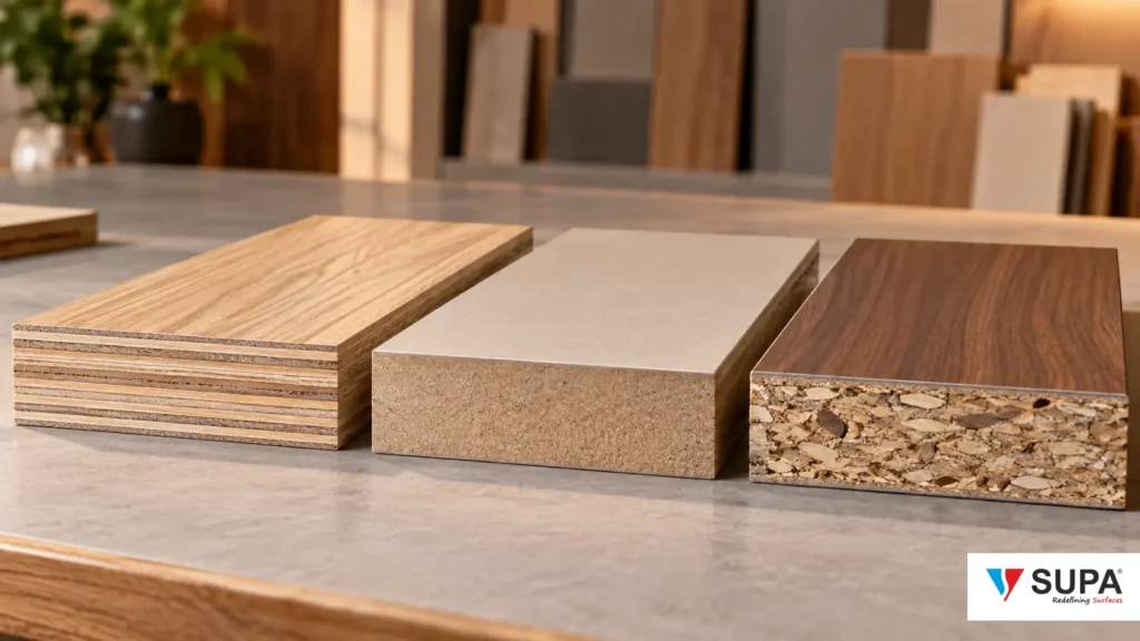 Plywood, MDF and particle board samples with laminate faces side by side