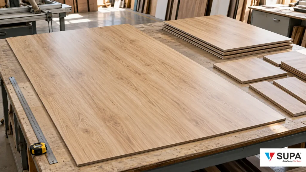Laminate sheets on a workshop bench beside a steel ruler and tape measure